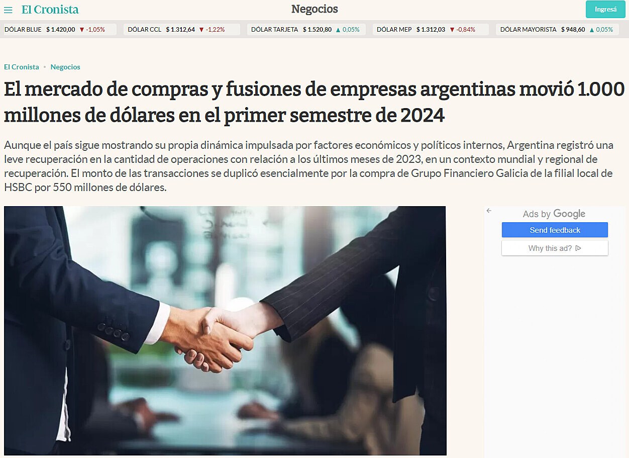 El mercado de compras y fusiones de empresas argentinas movi 1.000 millones de dlares en el primer semestre de 2024